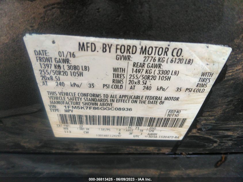 2016 FORD EXPLORER LIMITED - 1FM5K7F86GGC08936