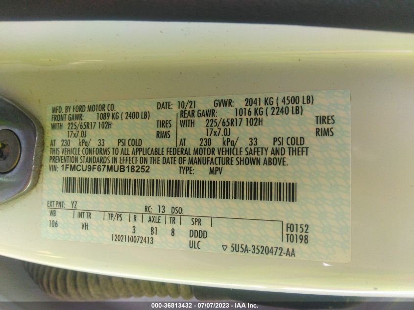 2021 FORD ESCAPE - 1FMCU9F67MUB18252