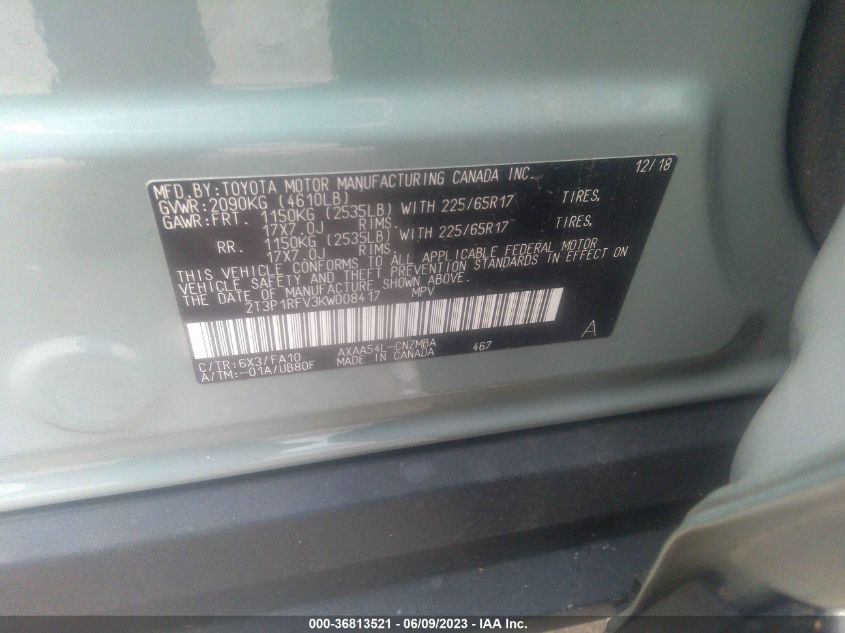 2019 TOYOTA RAV4 XLE/XLE PREMIUM - 2T3P1RFV3KW008417