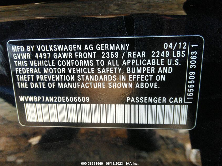 2013 VOLKSWAGEN CC SPORT PLUS - WVWBP7AN2DE506509