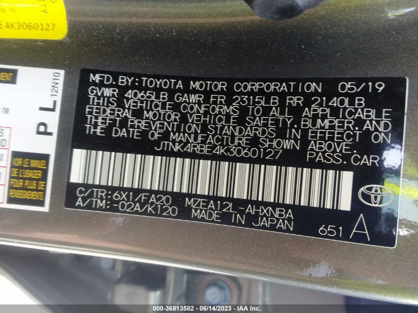 2019 TOYOTA COROLLA HATCHBACK SE/XSE JTNK4RBE4K3060127