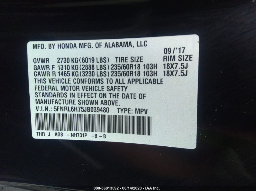 2018 HONDA ODYSSEY EX-L - 5FNRL6H75JB039480