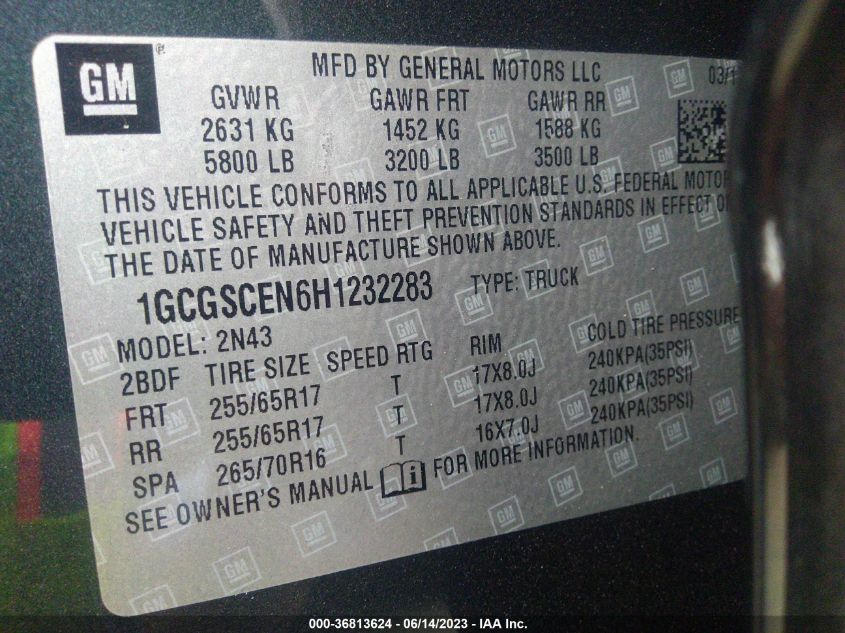 2017 CHEVROLET COLORADO LT - 1GCGSCEN6H1232283