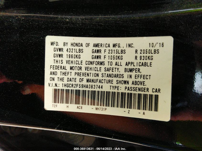 2017 HONDA ACCORD SEDAN SPORT - 1HGCR2F59HA083744