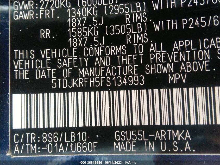 2015 TOYOTA HIGHLANDER XLE - 5TDJKRFH5FS134993
