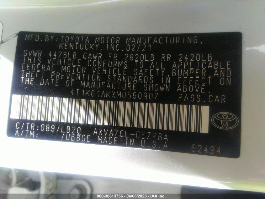 2021 TOYOTA CAMRY XSE - 4T1K61AKXMU560907