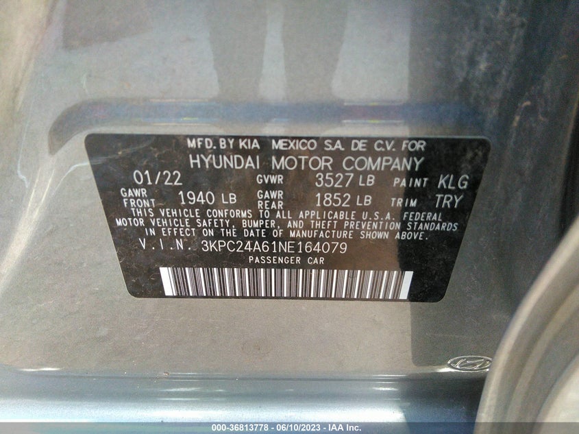 VIN 3KPC24A61NE164079 2022 HYUNDAI ACCENT SE