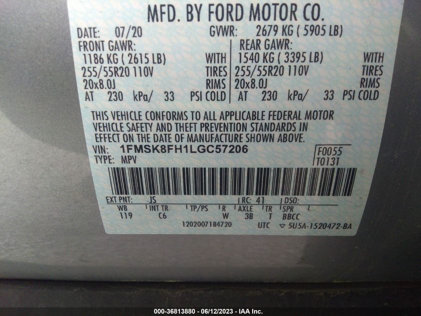 2020 FORD EXPLORER LIMITED - 1FMSK8FH1LGC57206