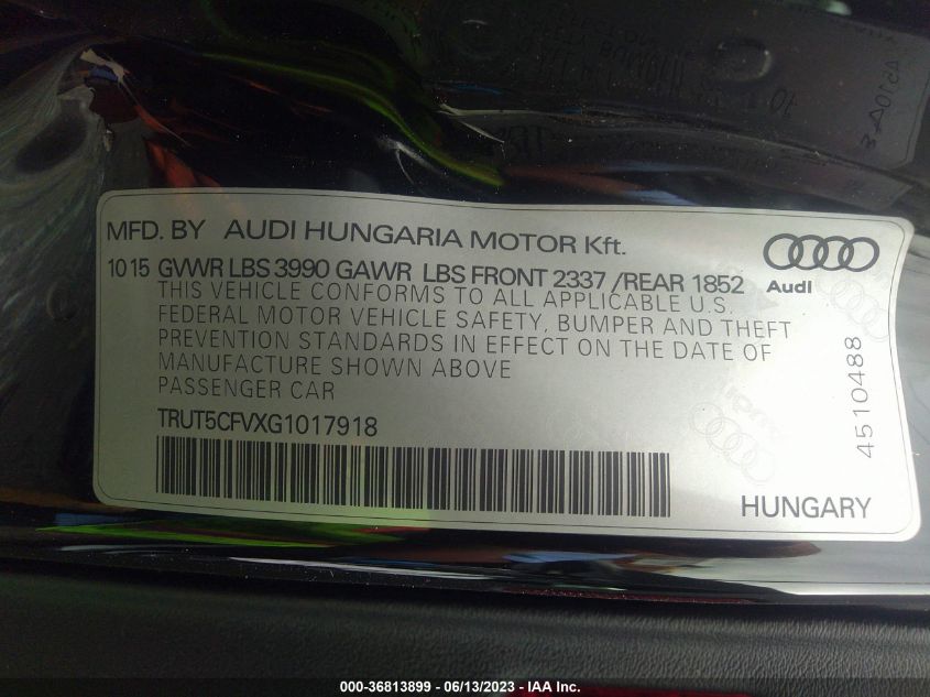 2016 AUDI TT 2.0T TRUT5CFVXG1017918