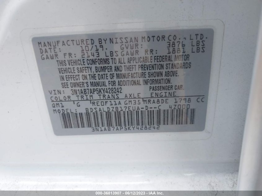 3N1AB7AP5KY428242 Nissan Sentra SV 9