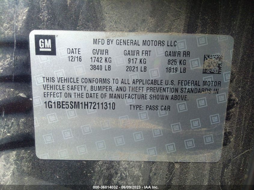 2017 CHEVROLET CRUZE LT - 1G1BE5SM1H7211310