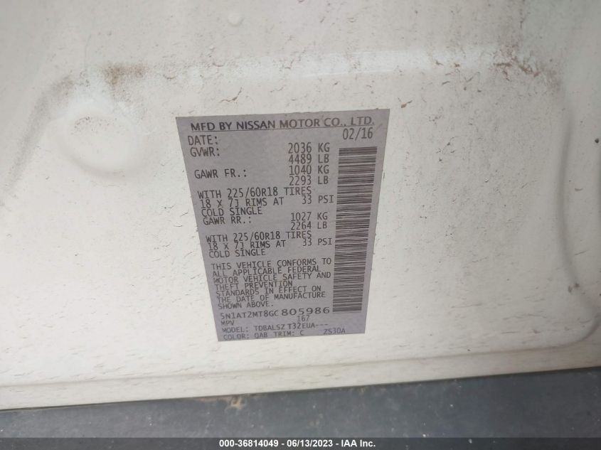 2016 NISSAN ROGUE SL - 5N1AT2MT8GC805986