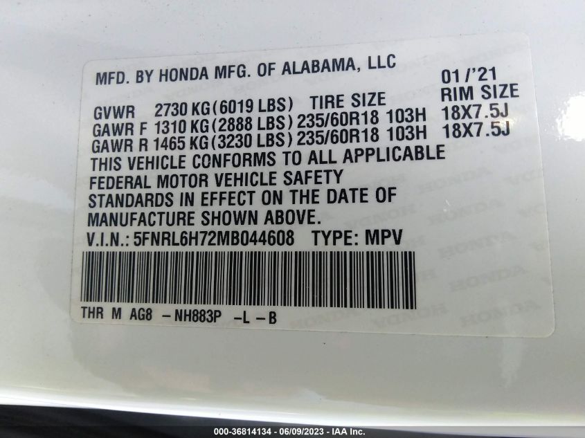 5FNRL6H72MB044608 2021 HONDA ODYSSEY, photo no. 9