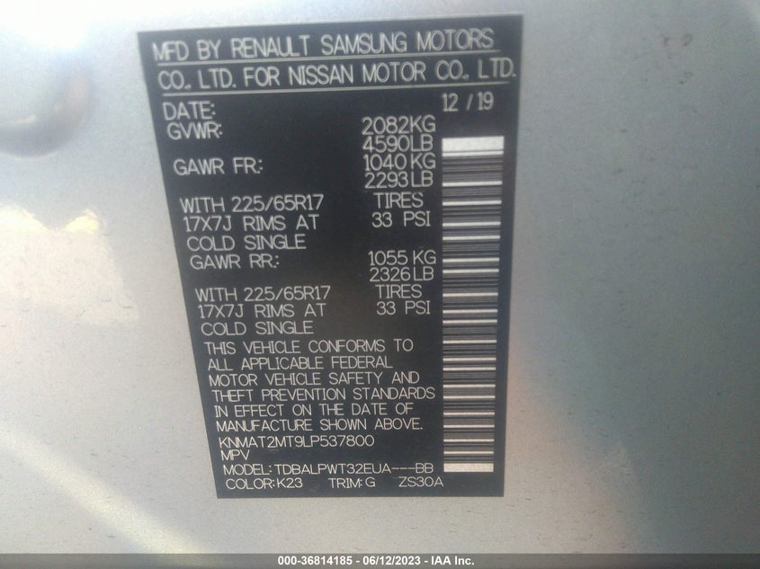 VIN KNMAT2MT9LP537800 2020 NISSAN ROGUE S