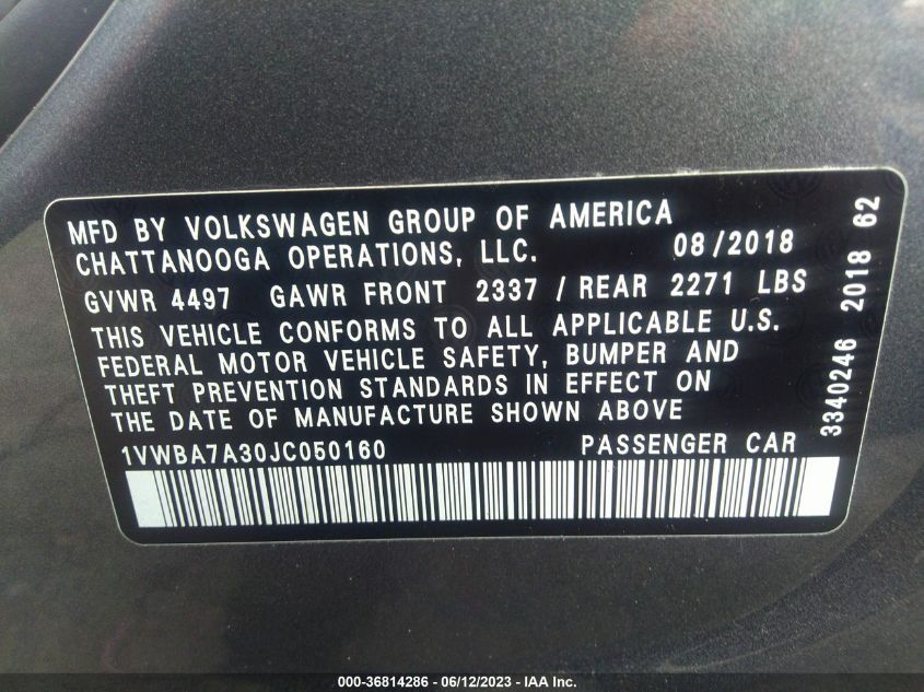 2018 VOLKSWAGEN PASSAT 2.0T SE - 1VWBA7A30JC050160