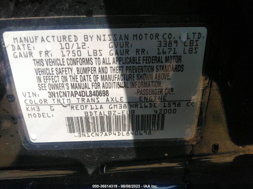 2013 NISSAN VERSA SV - 3N1CN7AP4DL840698