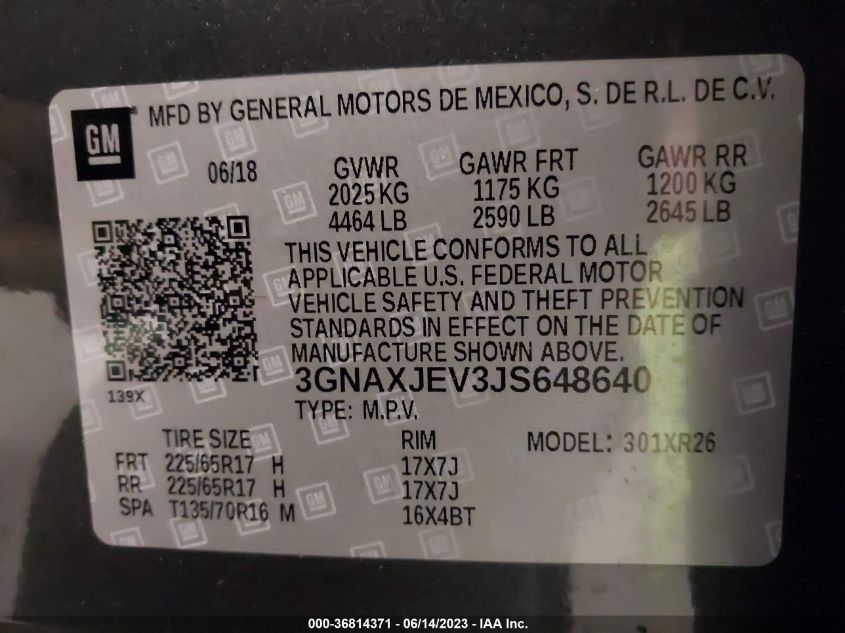2018 CHEVROLET EQUINOX LT - 3GNAXJEV3JS648640
