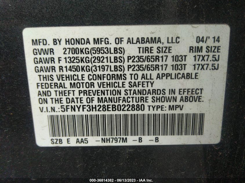2014 HONDA PILOT LX - 5FNYF3H28EB022880
