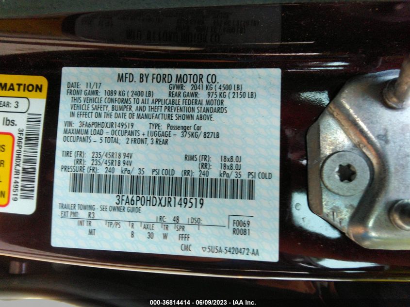 3FA6P0HDXJR149519 2018 FORD FUSION, photo no. 9