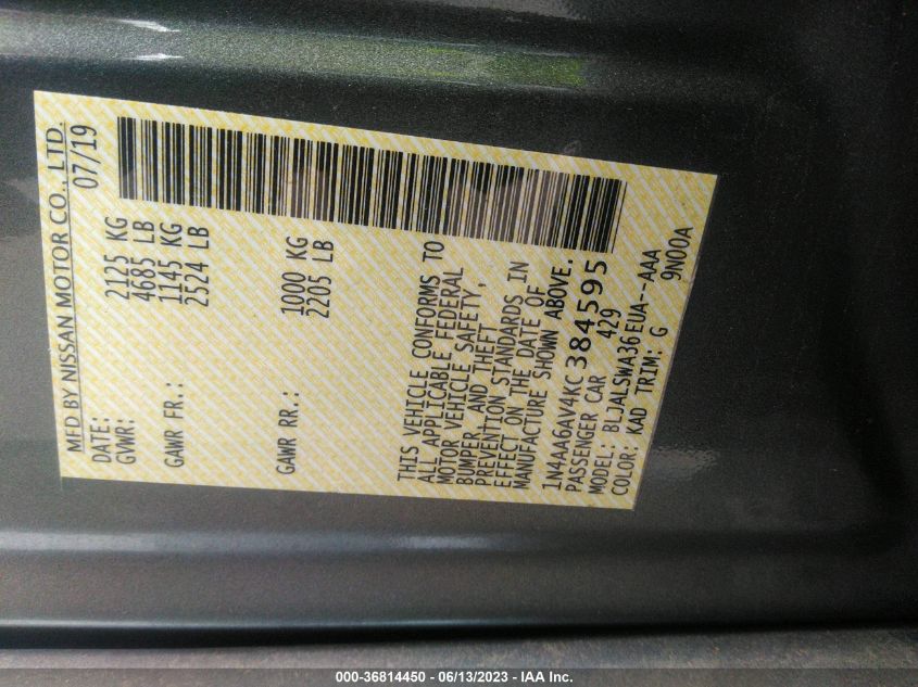 2019 NISSAN MAXIMA SR - 1N4AA6AV4KC384595