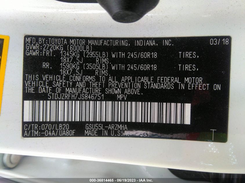 2018 TOYOTA HIGHLANDER SE/XLE - 5TDJZRFH7JS846751