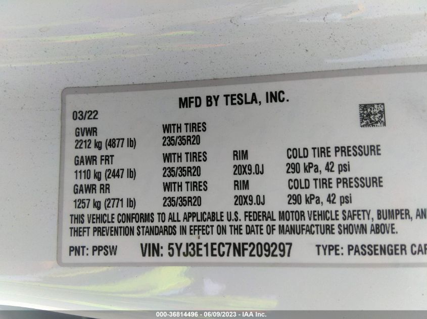 2022 TESLA MODEL 3 PERFORMANCE - 5YJ3E1EC7NF209297
