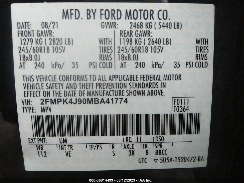 VIN 2FMPK4J90MBA41774 2021 FORD EDGE SEL/ST-LINE