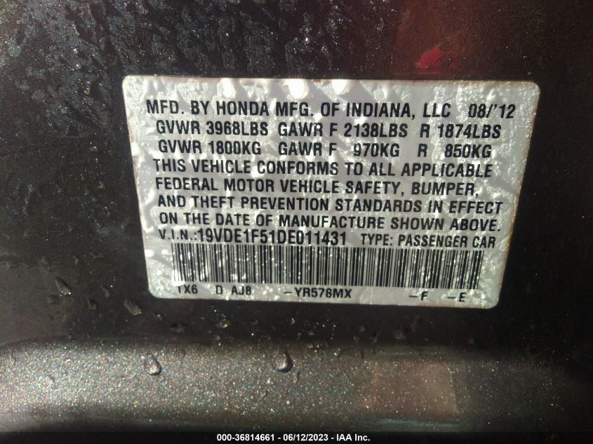 2013 ACURA ILX PREMIUM PKG - 19VDE1F51DE011431