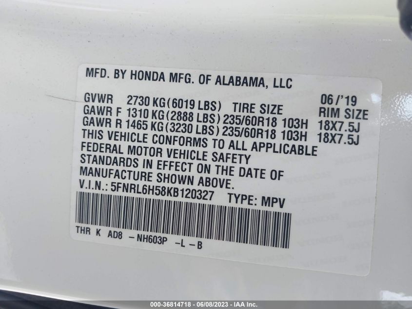 2019 HONDA ODYSSEY EX - 5FNRL6H58KB120327