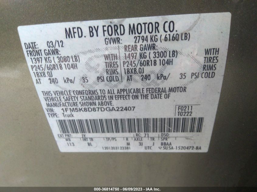 2013 FORD EXPLORER XLT - 1FM5K8D87DGA22407
