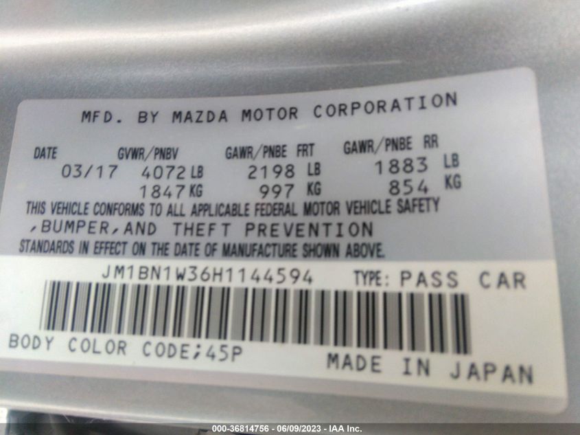 2017 MAZDA MAZDA3 4-DOOR GRAND TOURING JM1BN1W36H1144594