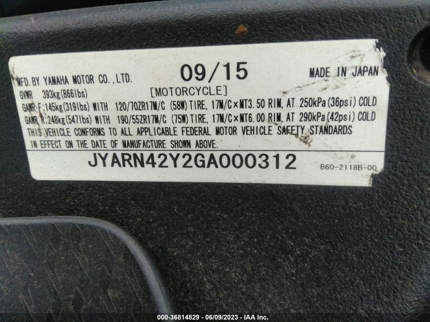 2016 YAMAHA YZFR1S C JYARN42Y2GA000312