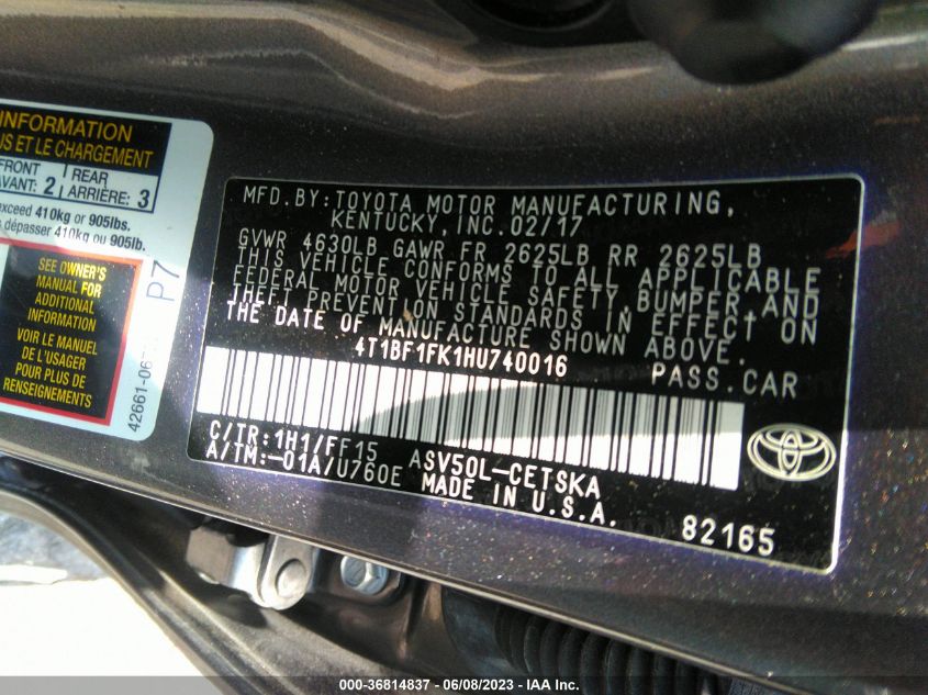 2017 TOYOTA CAMRY XLE/SE/LE/XSE - 4T1BF1FK1HU740016