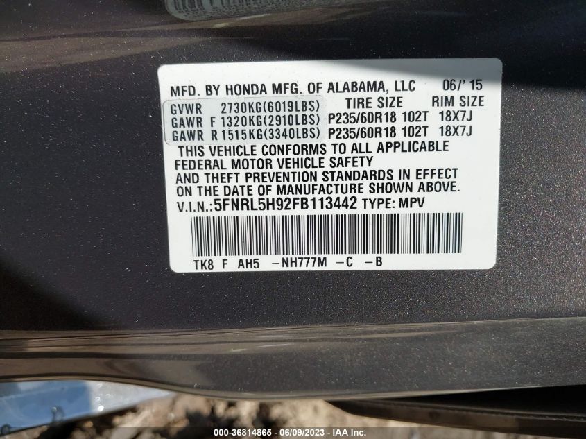 2015 HONDA ODYSSEY TOURING - 5FNRL5H92FB113442