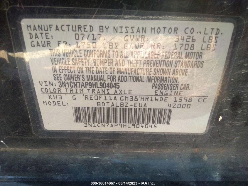 2017 NISSAN VERSA SEDAN SV - 3N1CN7AP9HL904045