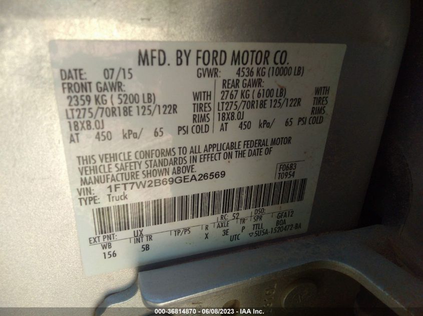 2016 FORD SUPER DUTY F-250 SRW LARIAT/PLATINUM - 1FT7W2B69GEA26569