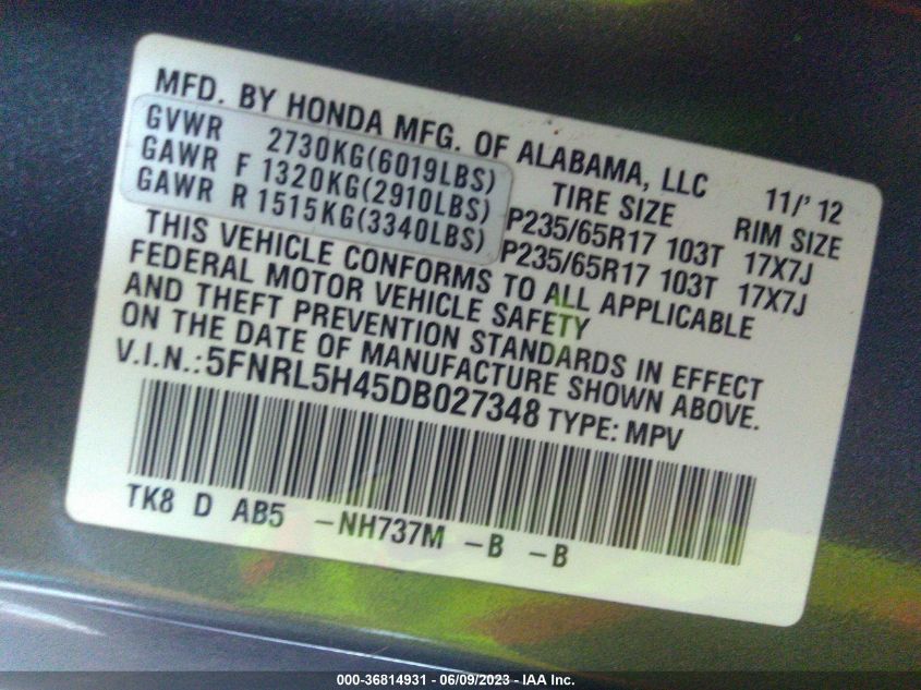 2013 HONDA ODYSSEY EX - 5FNRL5H45DB027348