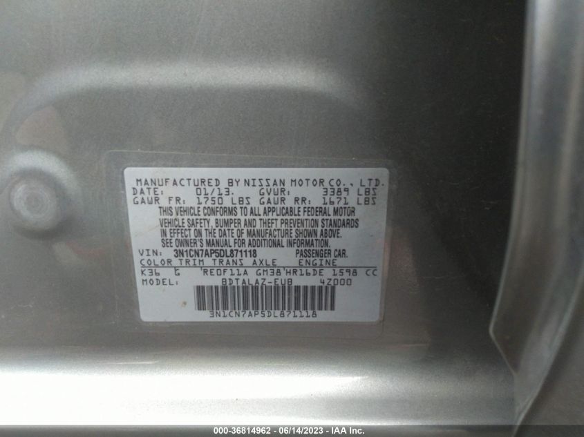 2013 NISSAN VERSA S PLUS - 3N1CN7AP5DL871118