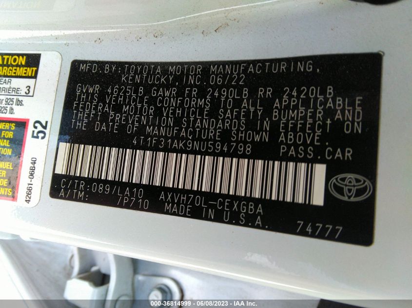 2022 TOYOTA CAMRY HYBRID XLE - 4T1F31AK9NU594798