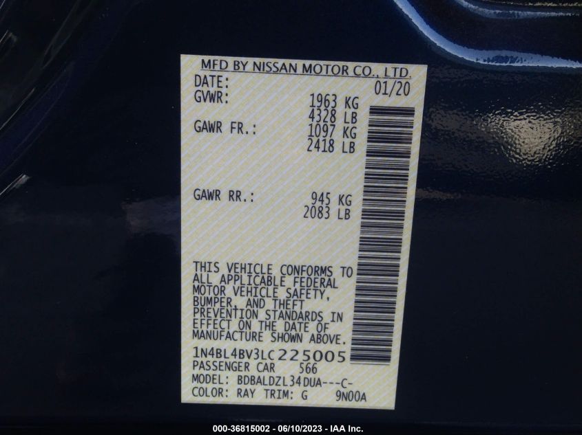 2020 NISSAN ALTIMA 2.5 S - 1N4BL4BV3LC225005