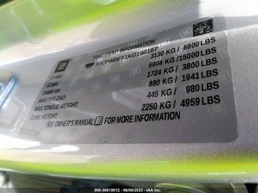 2019 CHEVROLET SILVERADO 1500 CUSTOM - 3GCPWBEF1KG146167