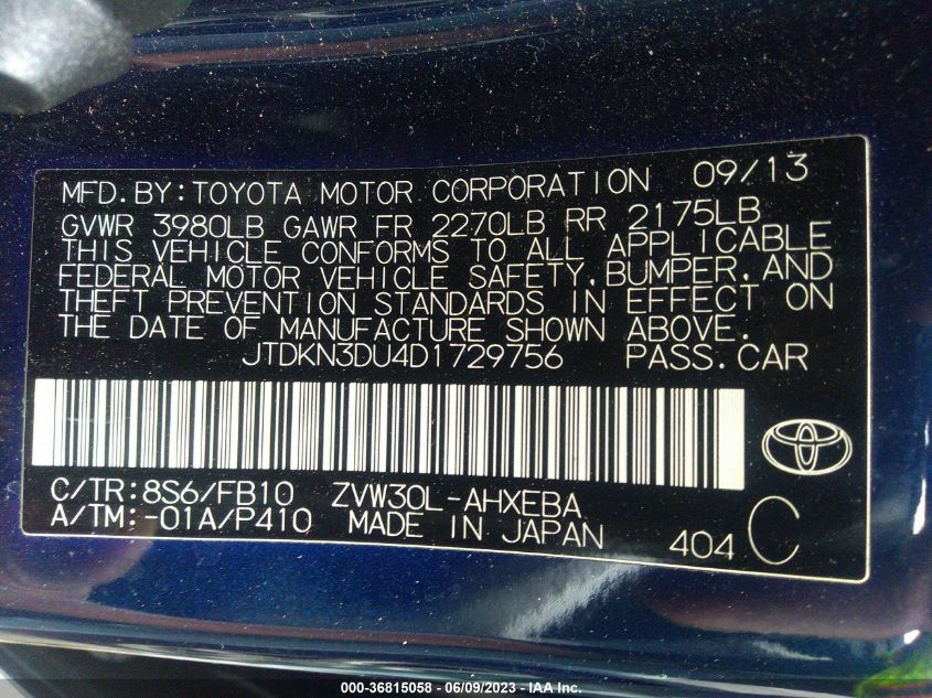 2013 TOYOTA PRIUS ONE/TWO/THREE/FOUR/FIVE - JTDKN3DU4D1729756