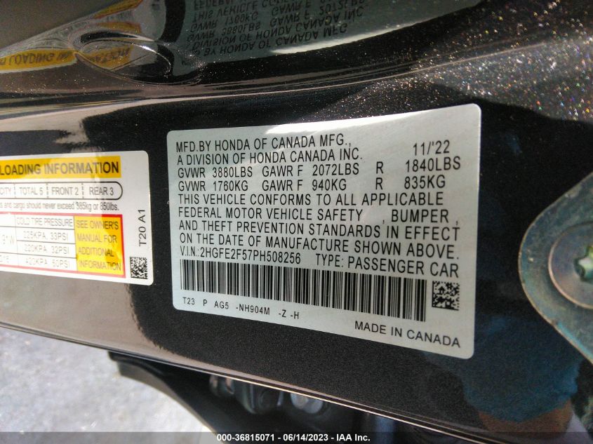 2023 HONDA CIVIC SEDAN SPORT - 2HGFE2F57PH508256