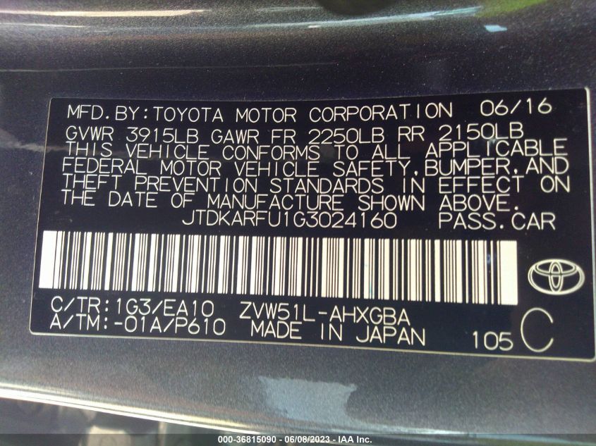 2016 TOYOTA PRIUS FOUR - JTDKARFU1G3024160