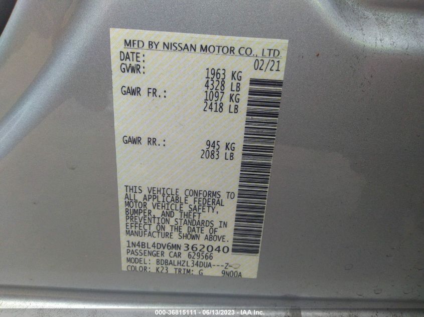 2021 NISSAN ALTIMA 2.5 SV - 1N4BL4DV6MN362040