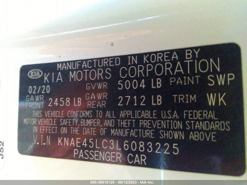 VIN KNAE45LC3L6083225 2020 KIA STINGER GT1