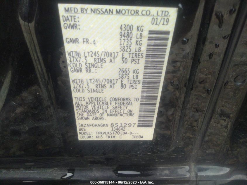 2019 NISSAN NV PASSENGER NV3500 HD SL 5BZAF0AA6KN851297