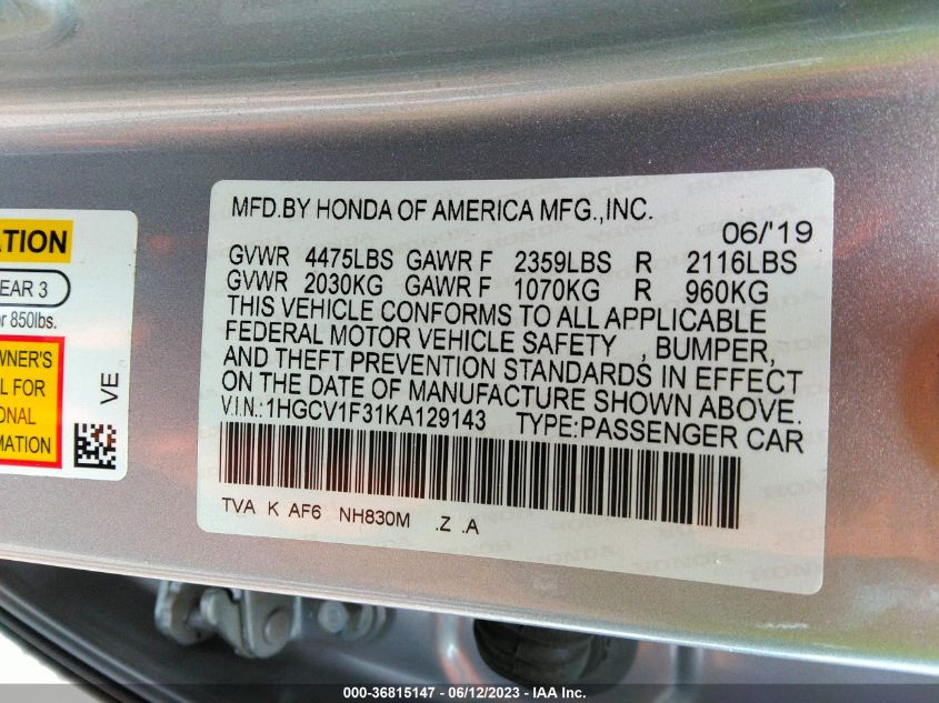 2019 HONDA ACCORD SEDAN SPORT 1.5T - 1HGCV1F31KA129143