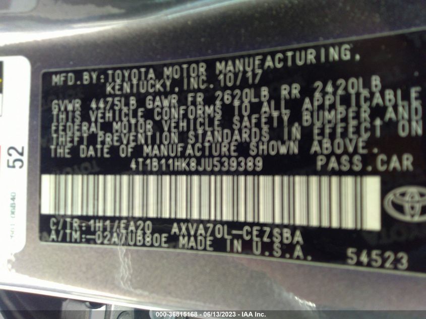 2018 TOYOTA CAMRY LE/SE/XLE/L - 4T1B11HK8JU539389