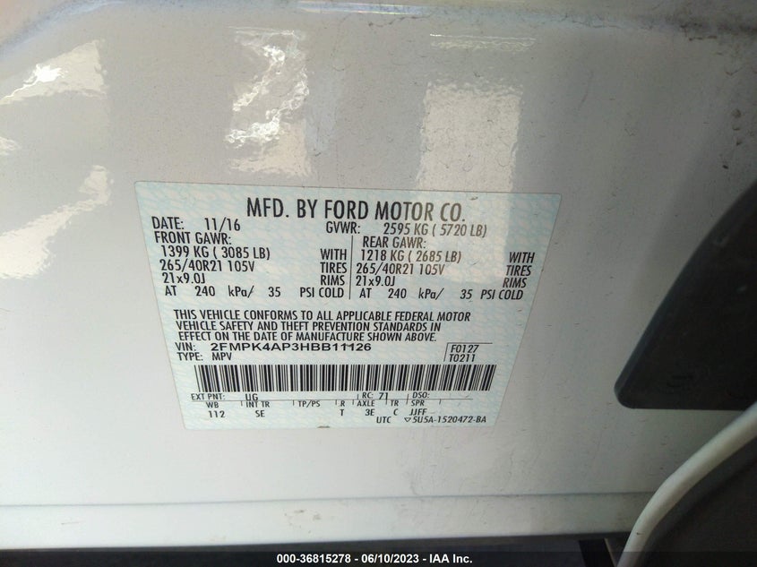 VIN 2FMPK4AP3HBB11126 2017 FORD EDGE SPORT
